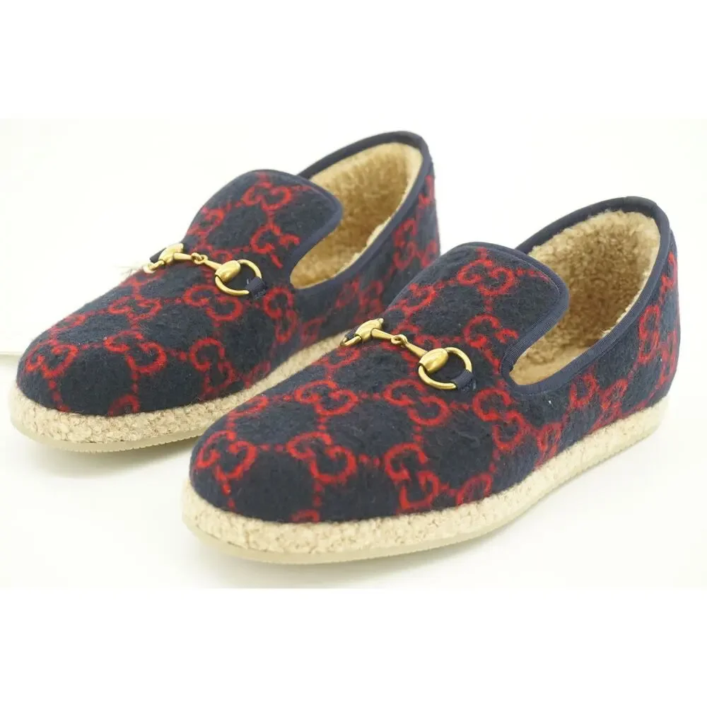 Gucci Fria GG Horsebit Espadrille Loafer Blue Size 7.5G men dress shoe Wool Fur